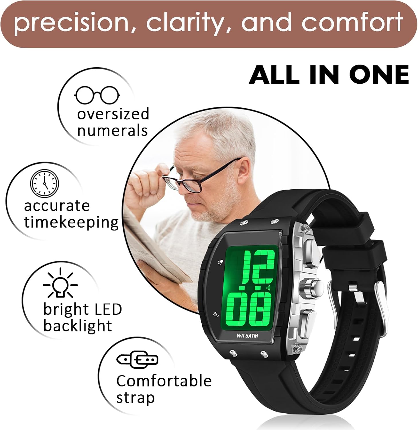 findtime Digital Watch for Seniors English Time-Telling Extra Large Numbers Display Alarm Waterproof Wrist Watches for Elderly Visually & Hearing Impaired Easy to Read Watches for Men Women - Image 2