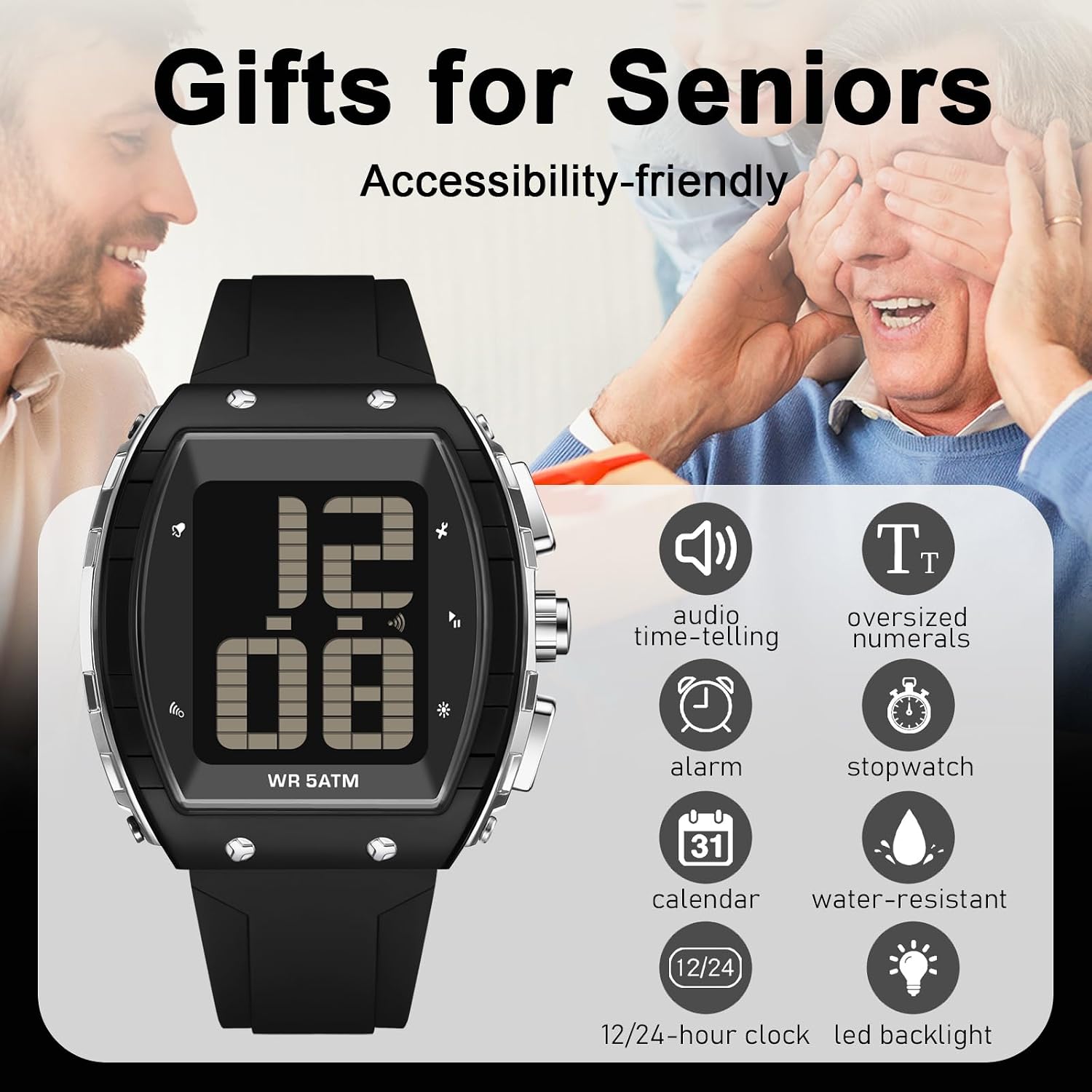 findtime Digital Watch for Seniors English Time-Telling Extra Large Numbers Display Alarm Waterproof Wrist Watches for Elderly Visually & Hearing Impaired Easy to Read Watches for Men Women - Image 4