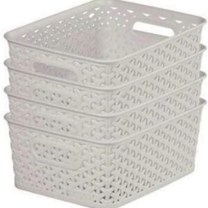 Curver My Style Rattan Effect Set of 4 Kitchen, Living room, Bathroom, Bedroom, Utility Small Rectangular Storage Baskets 4 Litres – Light Grey
