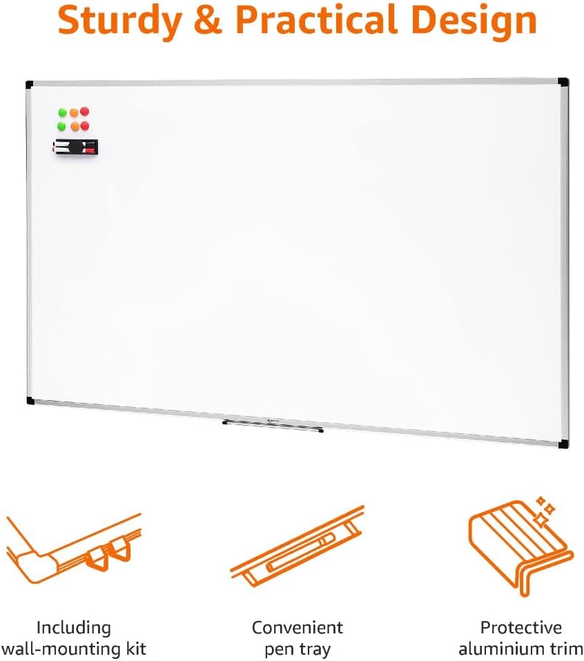 Amazon Basics Magnetic Whiteboard with Aluminum Frame, Pen Tray, 6 Magnets, 1 Eraser and 2 Markers for Office and Home Use, Wall mounted, Dry-Erase, Dry-Wipe 90 x 60 cm - Image 3