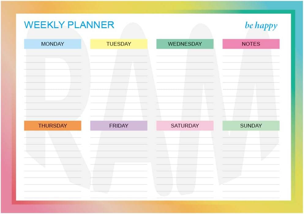 Ram® Weekly Planner Pad For Time Management 52 Sheets Tear Off Schedule Academic Planning, Personal Timetable Meal Plan For Office & Home