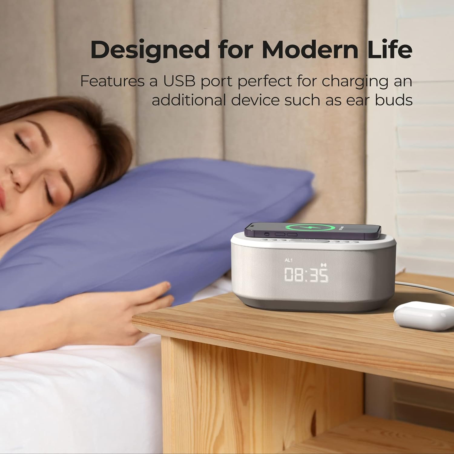 i-box Alarm Clocks Bedside, Alarm Clock with Wireless Charging, Bluetooth Speaker, Radio Alarm Clock, Fast Qi Wireless Charger, Mains Powered, FM Radio, USB Charging Port, Dimmable, Non Ticking - Image 2