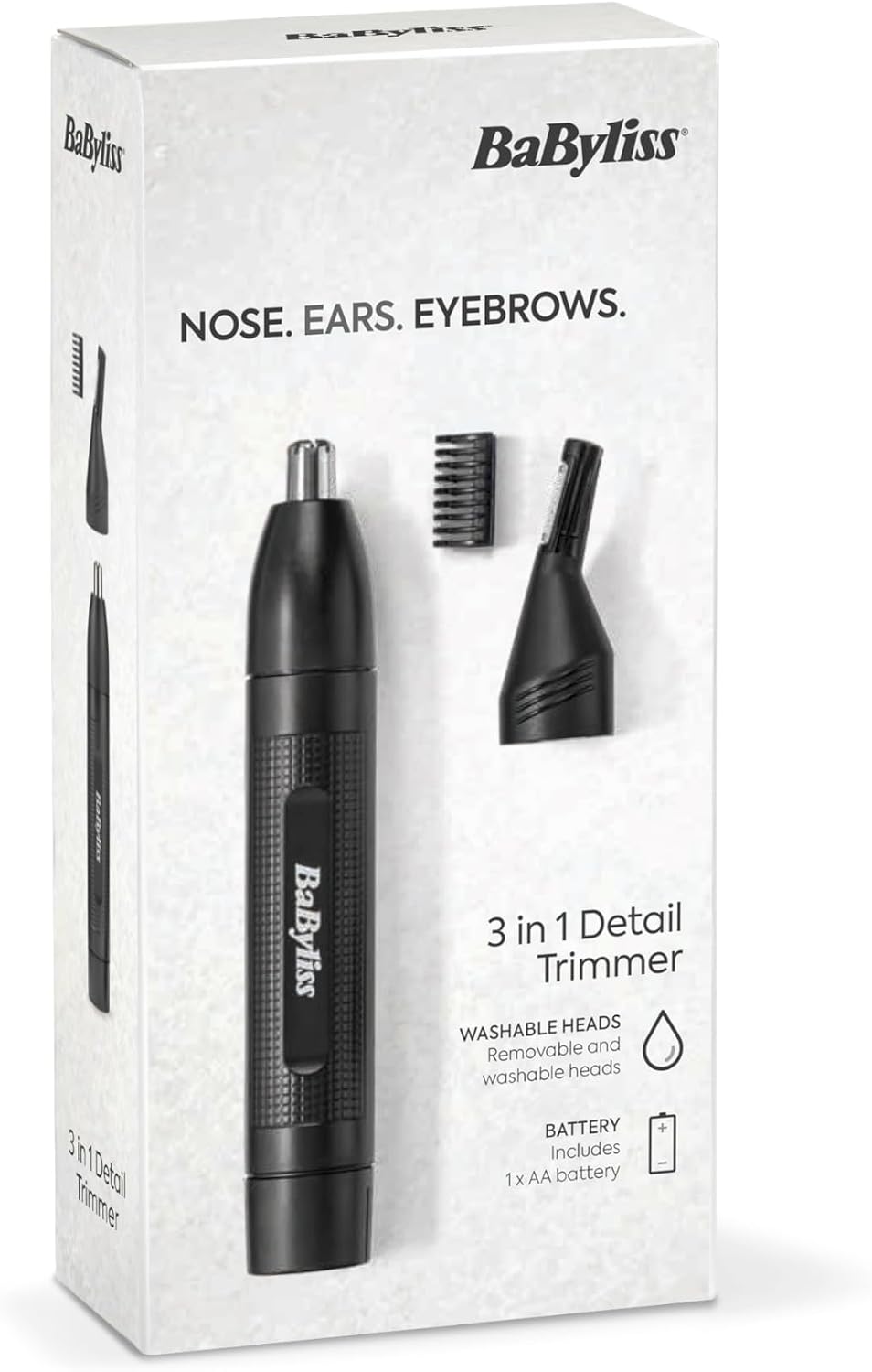 BaByliss 3-in-1 Hair Trimmer for Men, Eyebrow, Ear & Nose Trimmer, Grooming Kit with 2 Attachments, 2 Eyebrow Comb Guides, Battery-Powered, E652U - Image 6