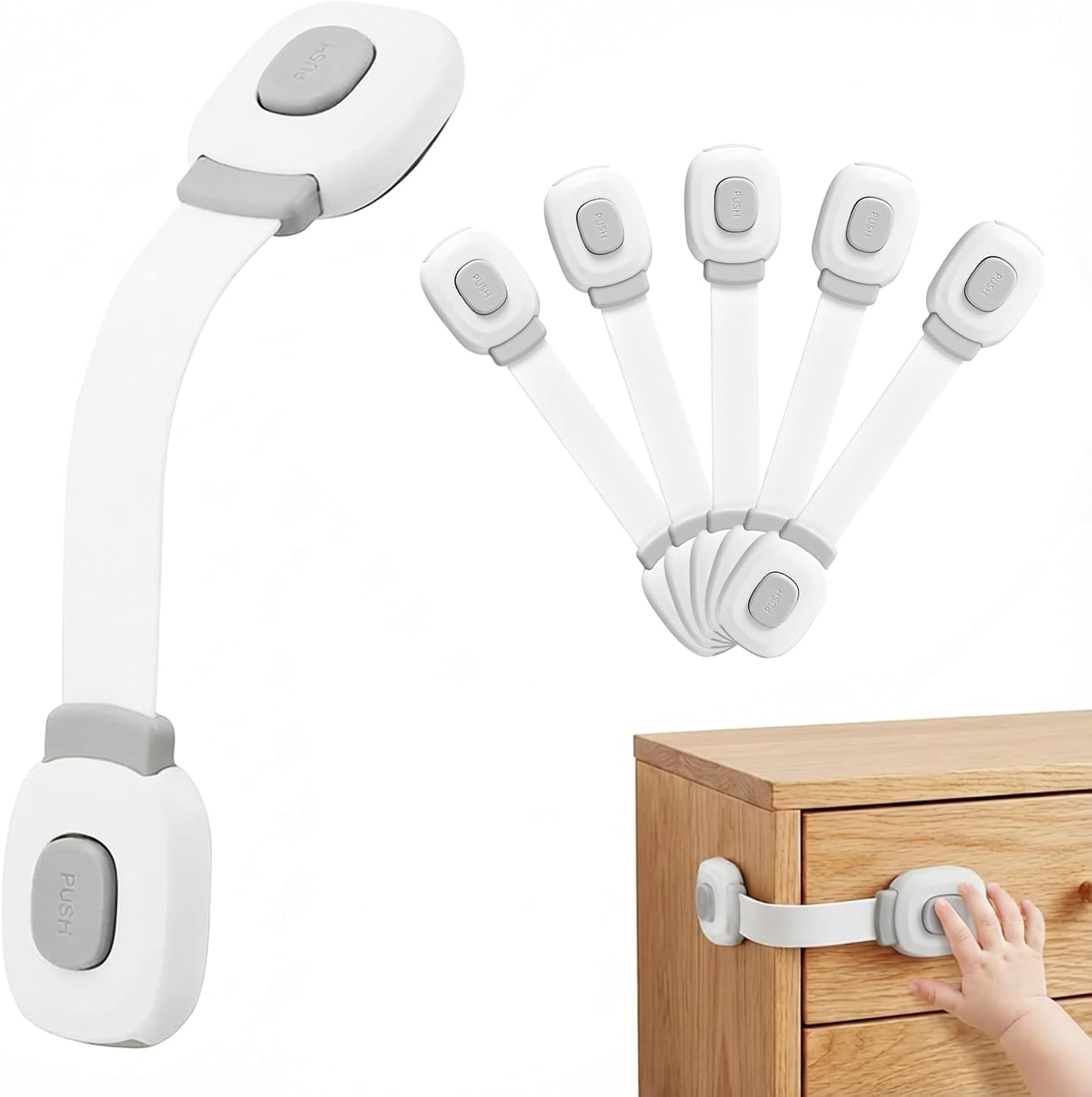 BillyBath Premium Baby Cabinet Lock, Pack of 6 Child Safety for Cupboard, Drawers, Refrigerator, Toilet Seat with Strong Adhesive, No Drilling Required Cupboard Lock, Grey