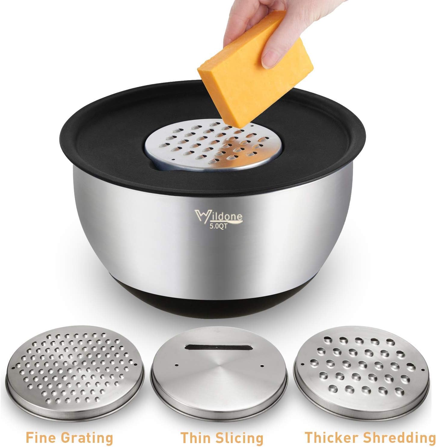 Wildone Mixing Bowls Set of 5, Stainless Steel Nesting Bowls with Airtight Lids, 3 Grater Attachments, Measurement Marks & Non-Slip Bottoms, Size 5, 3, 2, 1.5, 0.63 QT, Great for Mixing & Serving - Image 3