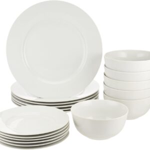 Amazon Basics 18-Piece Plates and Bowls Set, Porcelain Dinner Set for 6 People, Microwave Oven and Dishwasher Safe, White