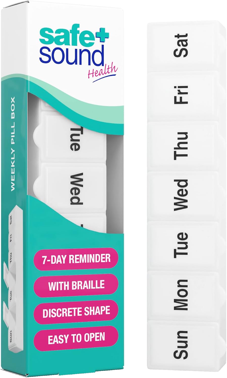 Safe + Sound Mini 7 Day Pill Box, Pocket Sized, Accessible with Braille