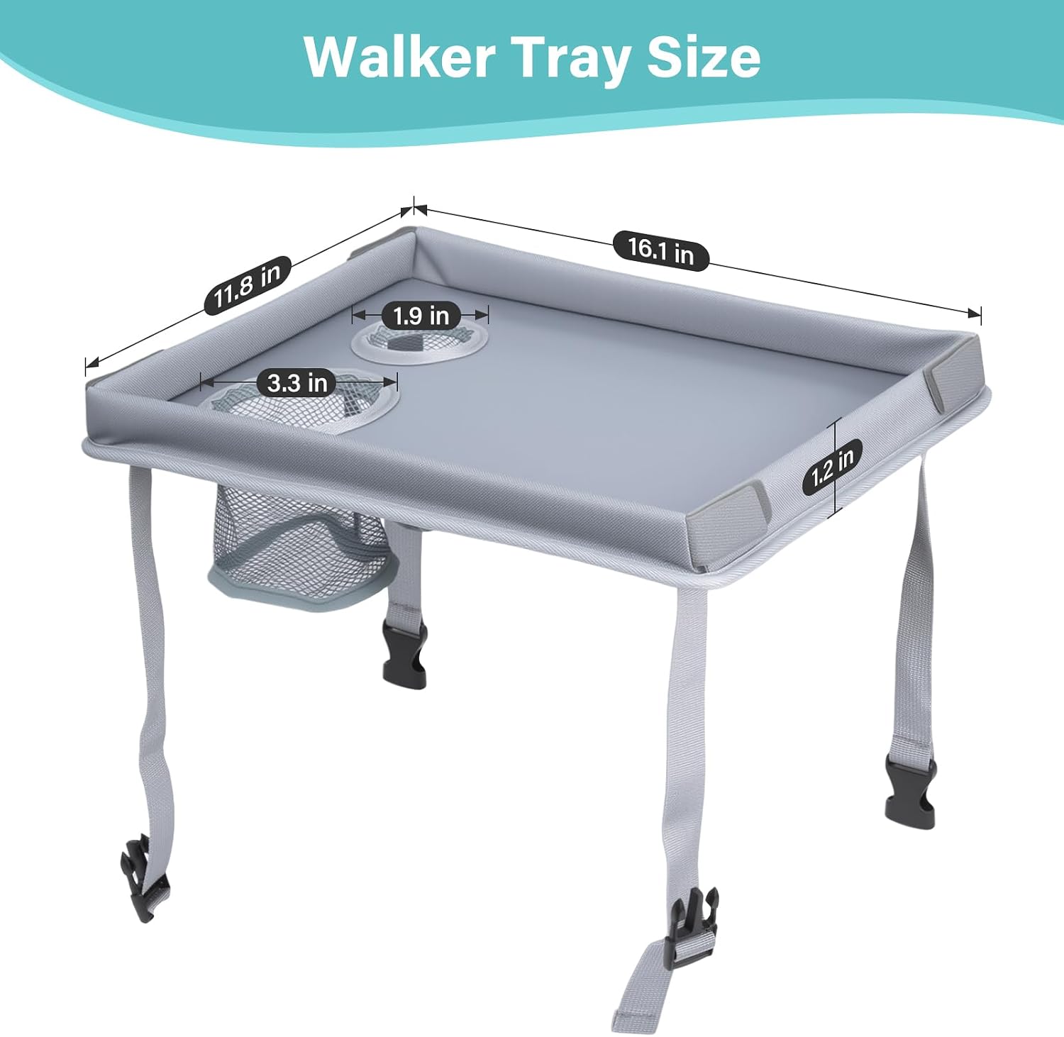Detachable Walker Tray with Cup Holder, Rolling Folding Walker Accessory for Elderly, Gray Without Pockets with Baffles - Image 2