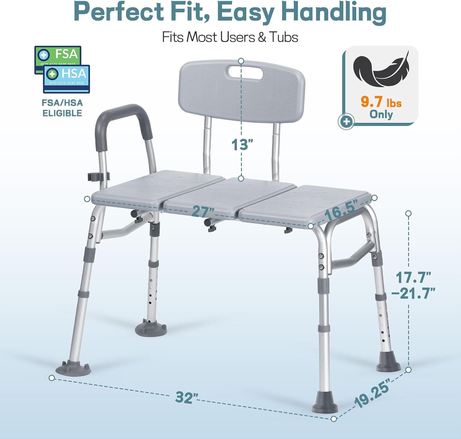 Tub Transfer Bench w/Backrest for Bathtub, Height Adjustable Shower Chair - Image 9