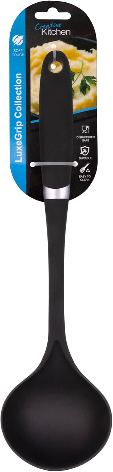 Creative Kitchen Nylon Ladle Spoon | Strong, Robust, Heat Resistant Utensil | Soft, Comfort Grip Handle | Modern, Sleek Design with Chrome Trim | Dishwasher Safe | Stylish Black Ladle - Image 3