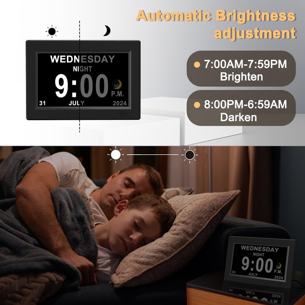 CAZOKASI 8inch Extra Large Impaired Vision Digital Alarm Clock with Day and Time for Elderly Calendar Clock No Battery Plug-in Power Outage Memory DST Auto Dimmable Clock - Image 5