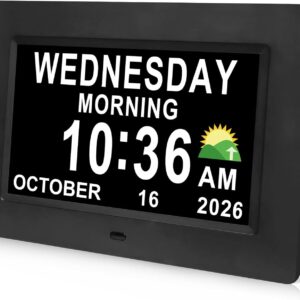 SSINI Digital Calendar Dementia Alarm Clock with Day and Date for Elderly – 15 Alarms 5 Colors Display Large Display Alzheimers Clock Large Digital Clock for Seniors (7in Black)