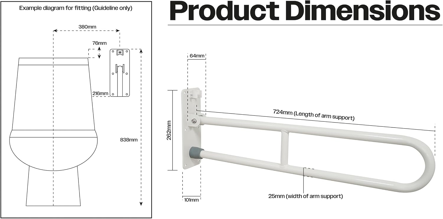 Aidapt Hinged Wall Mounted Safety Rail.Folds to Wall,Bathroom Toilet Aid,Support Grab Bar,Disabled,Mobility,Elderly,720mm Length,Tough White Epoxy Coating,Durable - Image 2