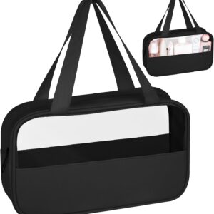 MOXYOY Clear Travel Toiletry Bag,Portable Makeup Bag Cosmetic Wash Bags,with Zippers Travel Essentials,PVC+PU Hanging Transparent Waterproof Bag,Vacation Bathroom Organizer,for Women and Men (Black)