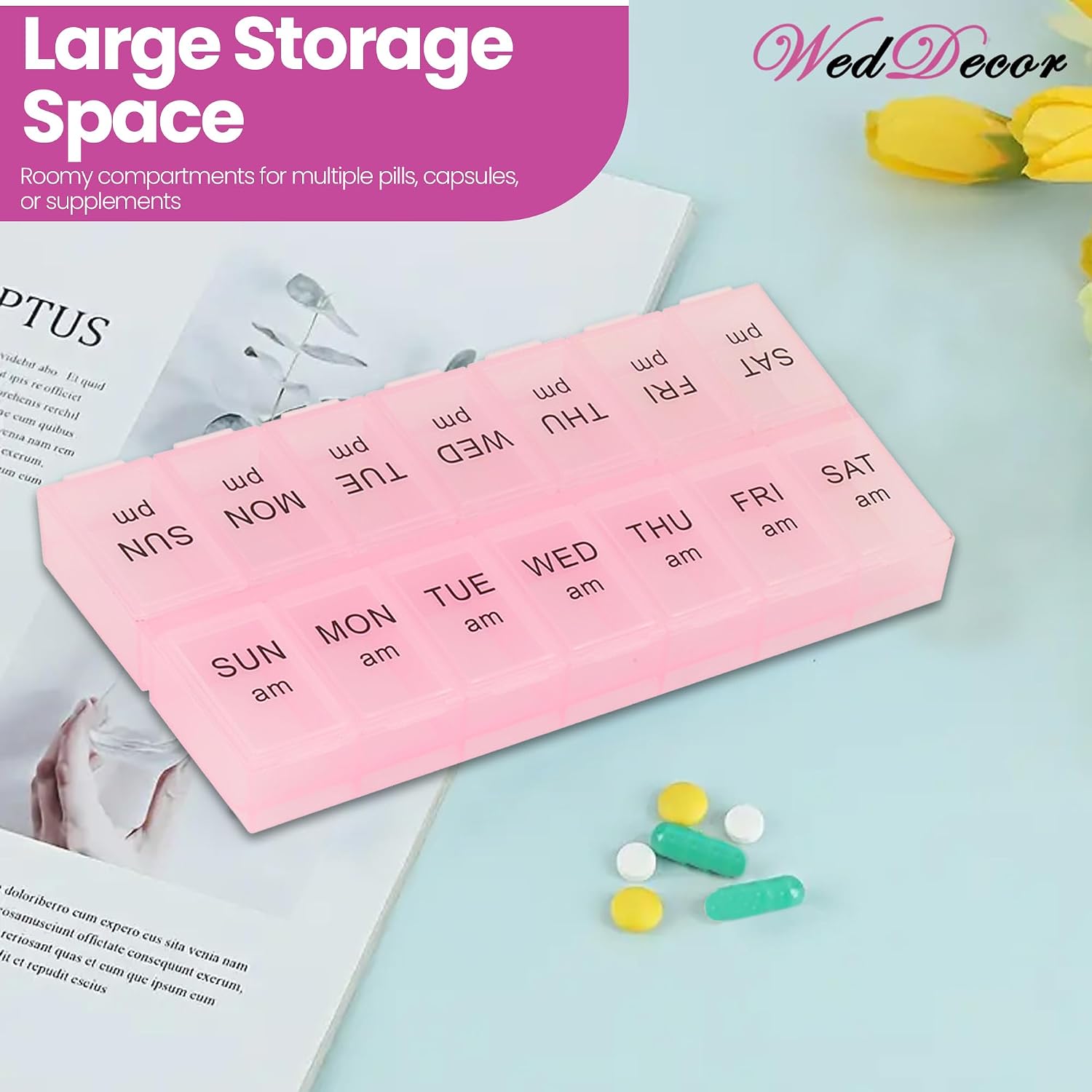 WedDecor 7 Day AM PM Travel Pill Box Organiser 14 Compartments, Pack of 3 - Image 9