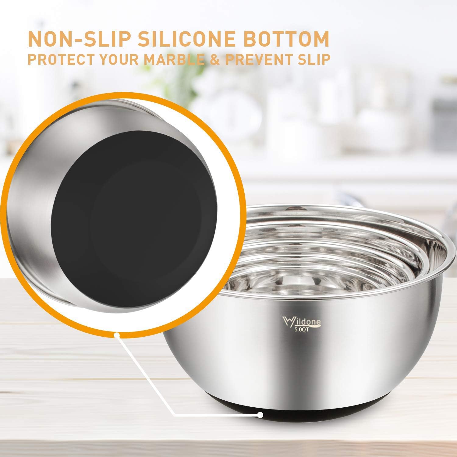 Wildone Mixing Bowls Set of 5, Stainless Steel Nesting Bowls with Airtight Lids, 3 Grater Attachments, Measurement Marks & Non-Slip Bottoms, Size 5, 3, 2, 1.5, 0.63 QT, Great for Mixing & Serving - Image 5