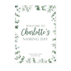 Manta Makes Personalised eucalyptus naming day sign | naming day welcome sign | naming day decor decorations | naming day banner poster | naming day (A3 print and easel)