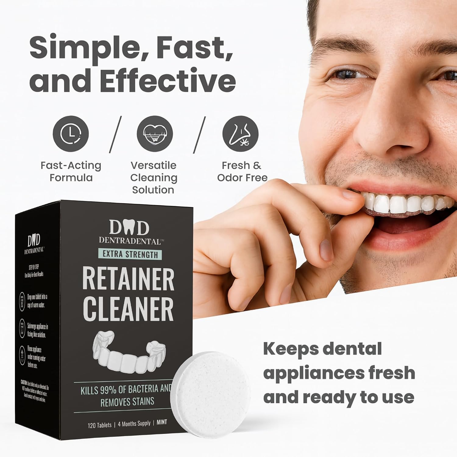Retainer Cleanser Tablets Cleaner Remove Odours, Discolourations, Stains and Plaque 4 Month Supply Dentures Bath Mint (Pack of 120) - Image 7