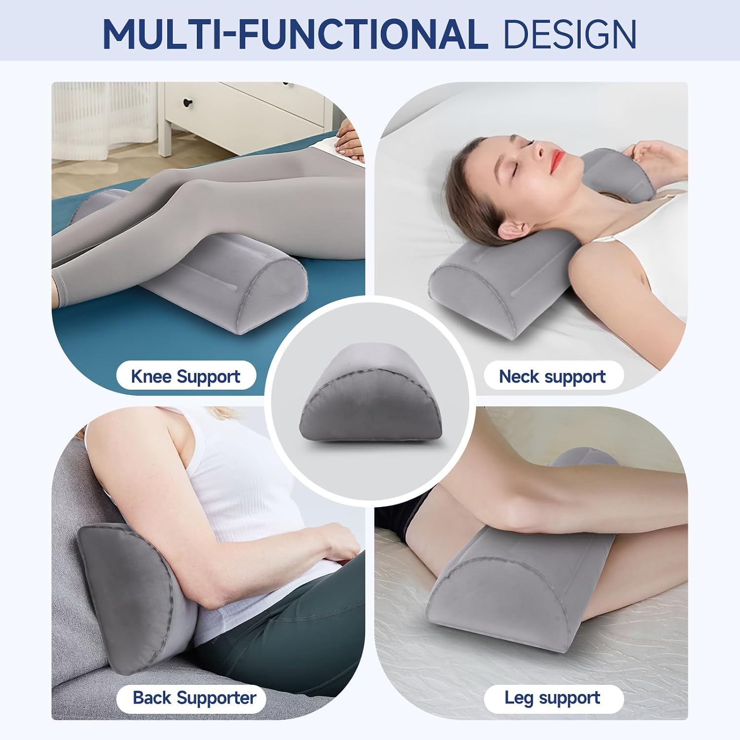 Inflatable Bolster for Legs, Knees and Back, Lightweight Half Moon Support Pillow for Sleeping and Travel, Soft Milk Fiber and TPU, Adjustable Lumbar, Knee and Ankle Support, 51 x 21 x - Image 3