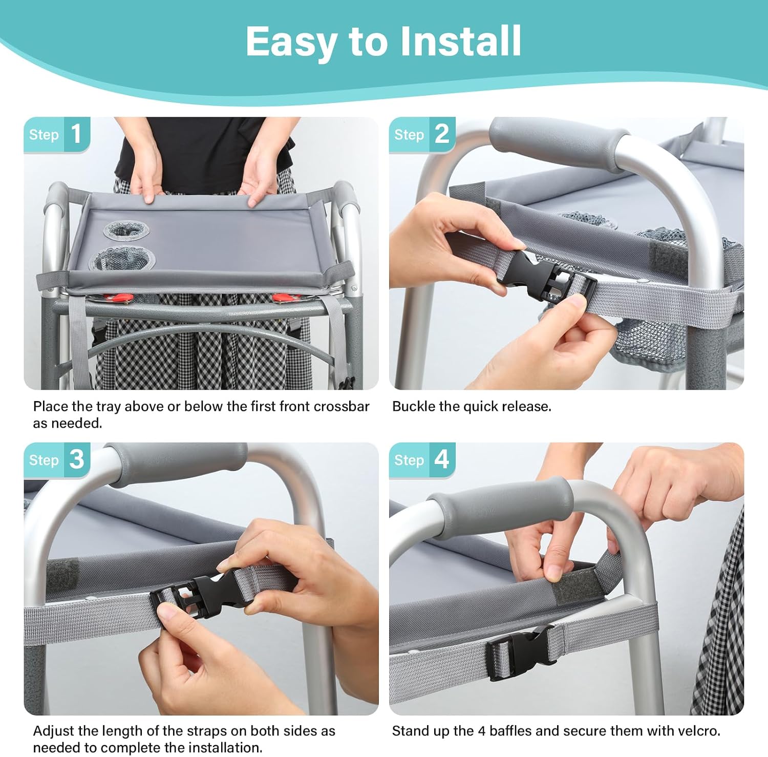 Detachable Walker Tray with Cup Holder, Rolling Folding Walker Accessory for Elderly, Gray Without Pockets with Baffles - Image 6