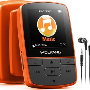 WOLFANG MP3 Players with Bluetooth 5.2, Sports Clip, Mini Size, Weigh 1 oz, HiF FM Radio, Voice Recorder, Earphones Included, Orange