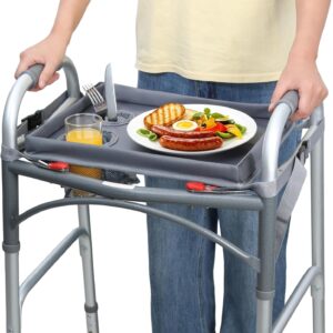 Detachable Walker Tray with Cup Holder, Rolling Folding Walker Accessory for Elderly, Gray Without Pockets with Baffles