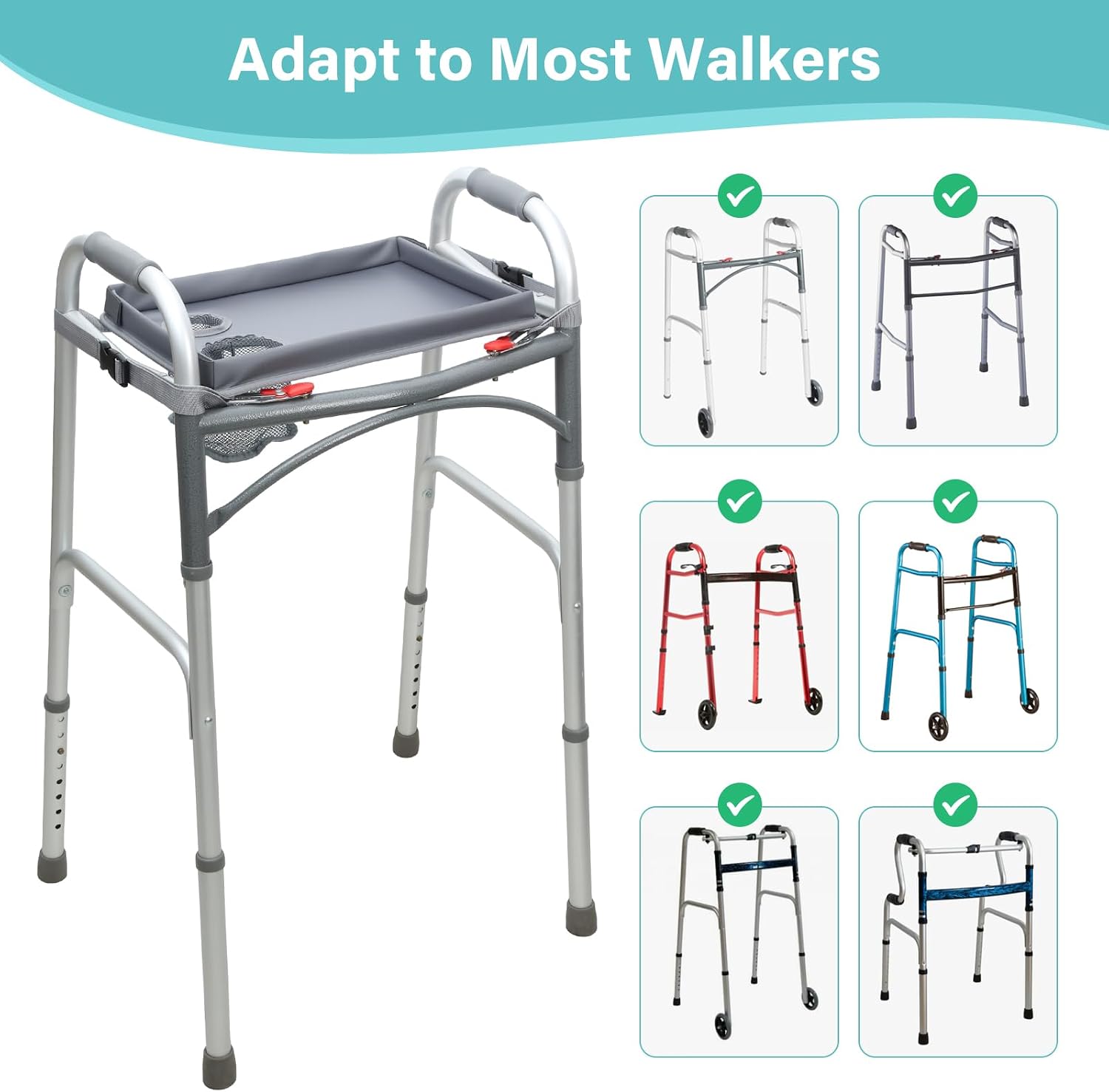 Detachable Walker Tray with Cup Holder, Rolling Folding Walker Accessory for Elderly, Gray Without Pockets with Baffles - Image 5