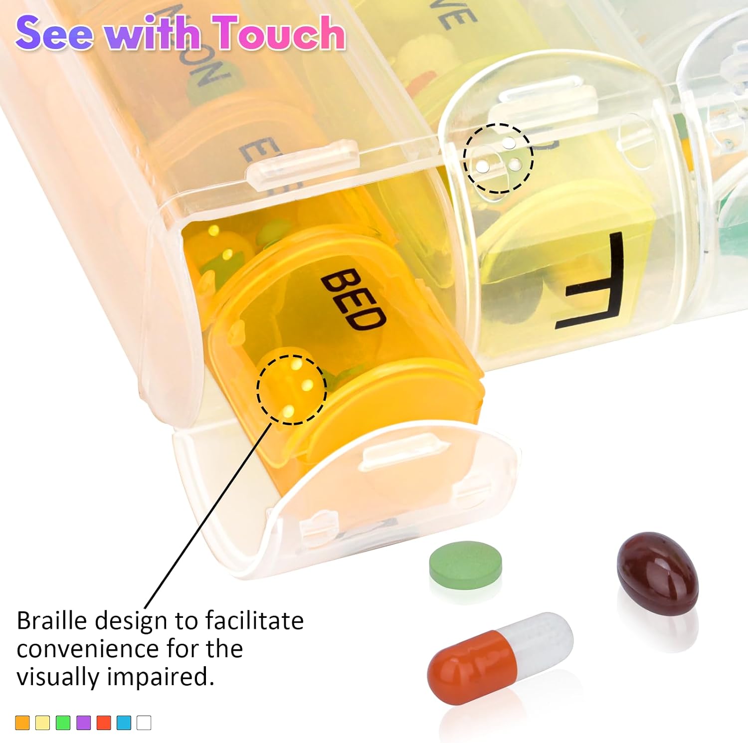 Alyvisun 7 Day Pill Box Organiser 4 Times a Day, Weekly Tablet Box Travel Pill Organiser 28 compartments, Portable Pill Case Dispenser with Spring Assisted Open and Snap on Lid Design for Travel Work - Image 6