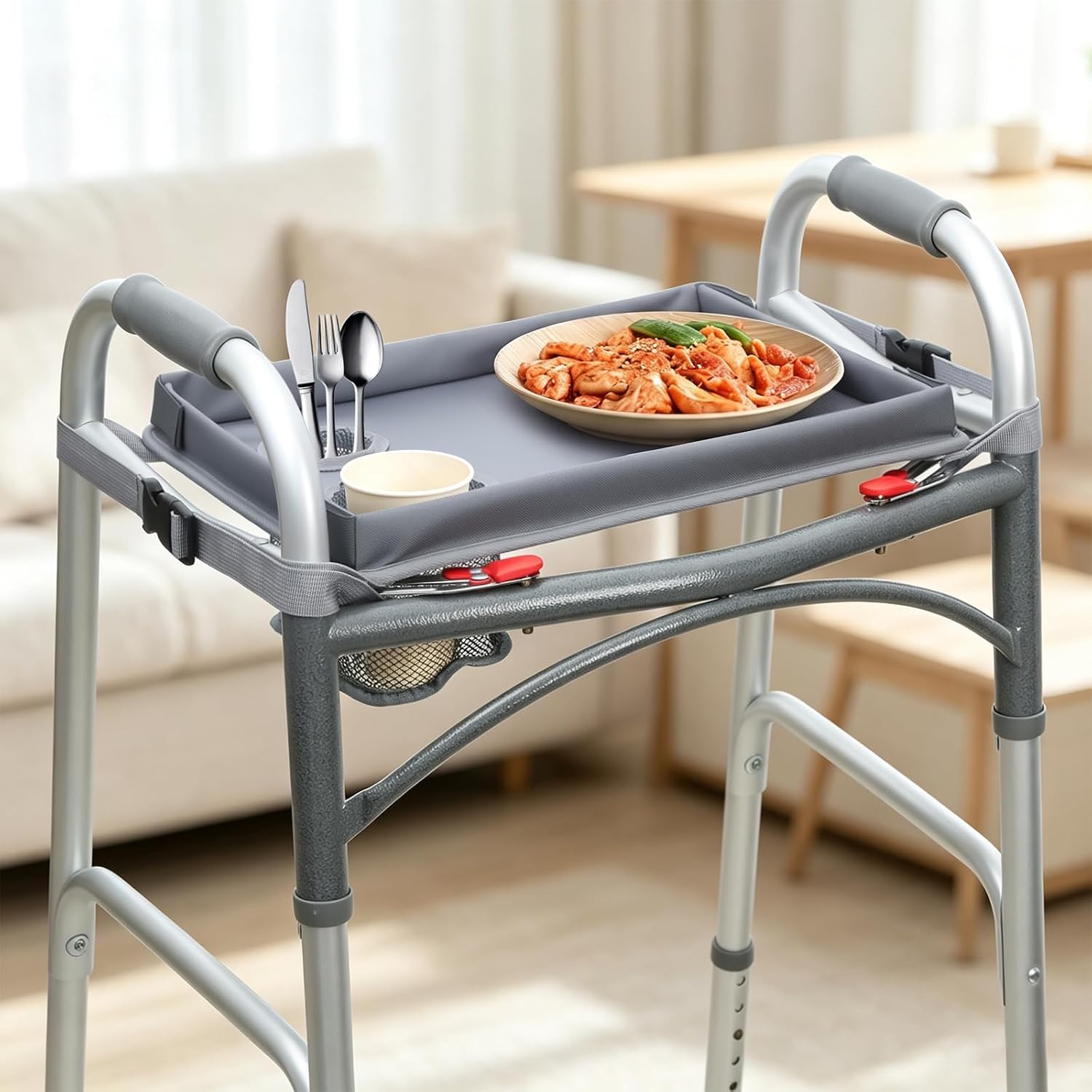 Detachable Walker Tray with Cup Holder, Rolling Folding Walker Accessory for Elderly, Gray Without Pockets with Baffles - Image 7