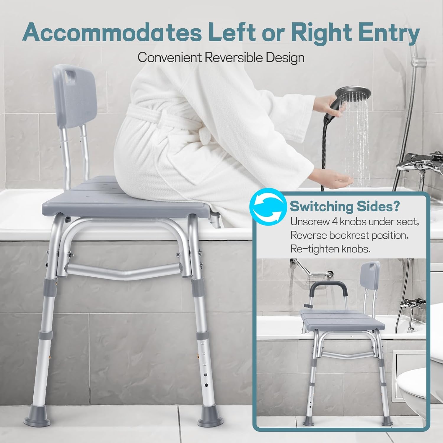 Tub Transfer Bench w/Backrest for Bathtub, Height Adjustable Shower Chair - Image 6