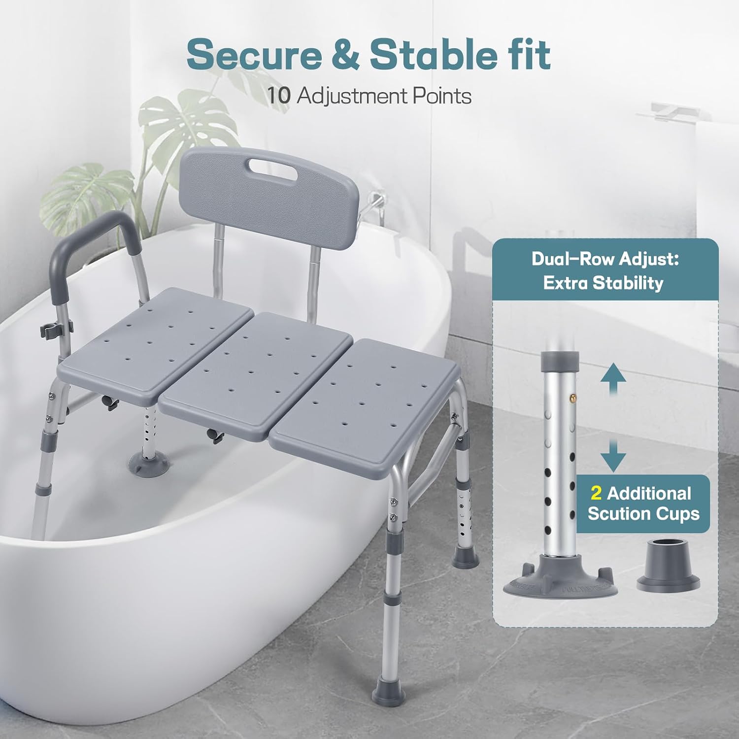 Tub Transfer Bench w/Backrest for Bathtub, Height Adjustable Shower Chair - Image 2