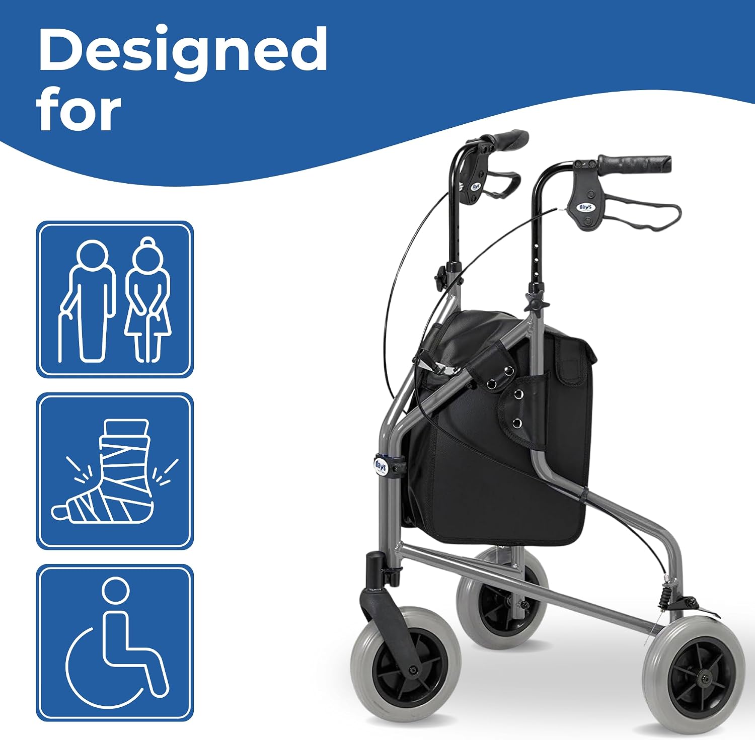 Days Tri Wheel Walker Rollator Foldable Mobility Aid with Bag – Purple - Image 2