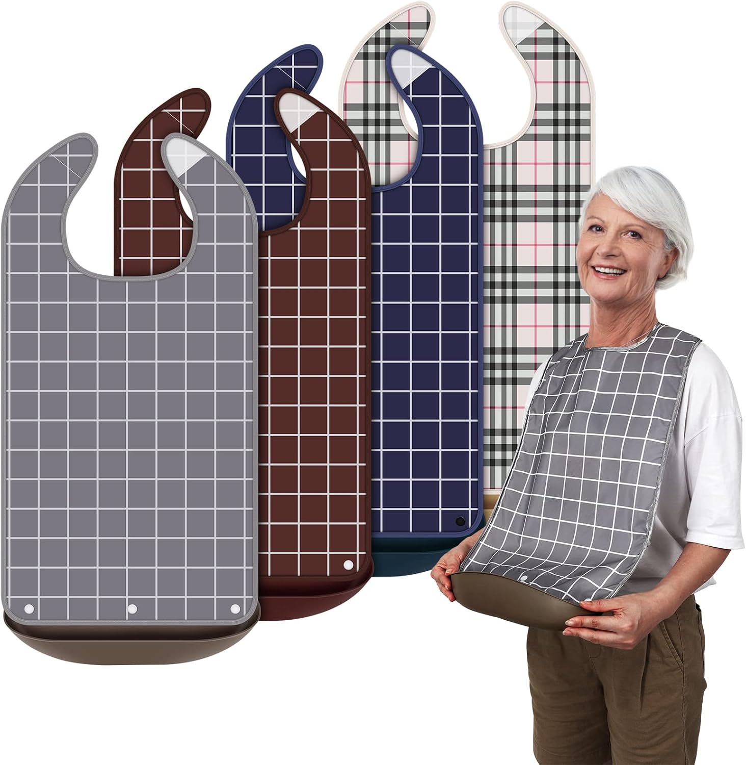 Bravace 4 Pack Adult Bibs for Eating Waterproof Clothing Protector with Detachable Crumb Catcher Adult Bibs for Women and Men