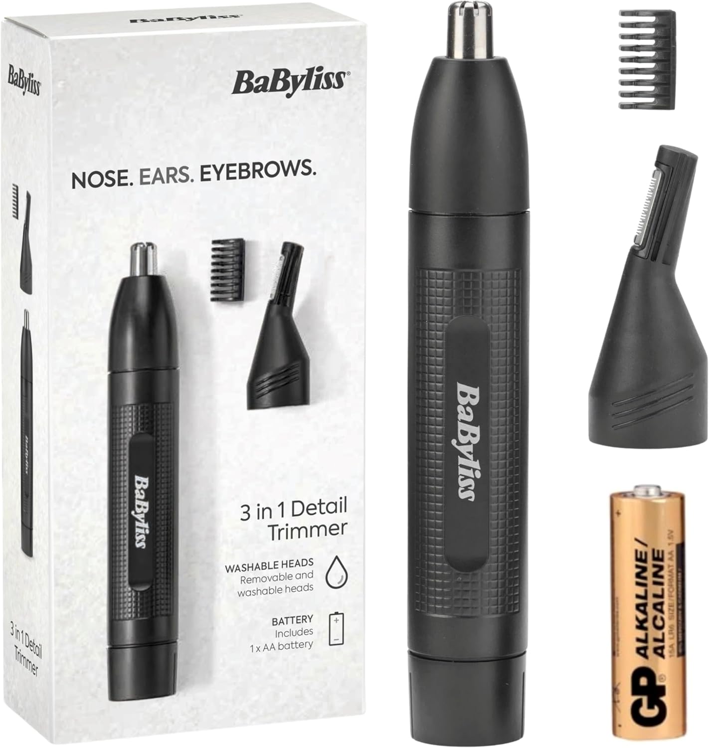 BaByliss 3-in-1 Hair Trimmer for Men, Eyebrow, Ear & Nose Trimmer, Grooming Kit with 2 Attachments, 2 Eyebrow Comb Guides, Battery-Powered, E652U