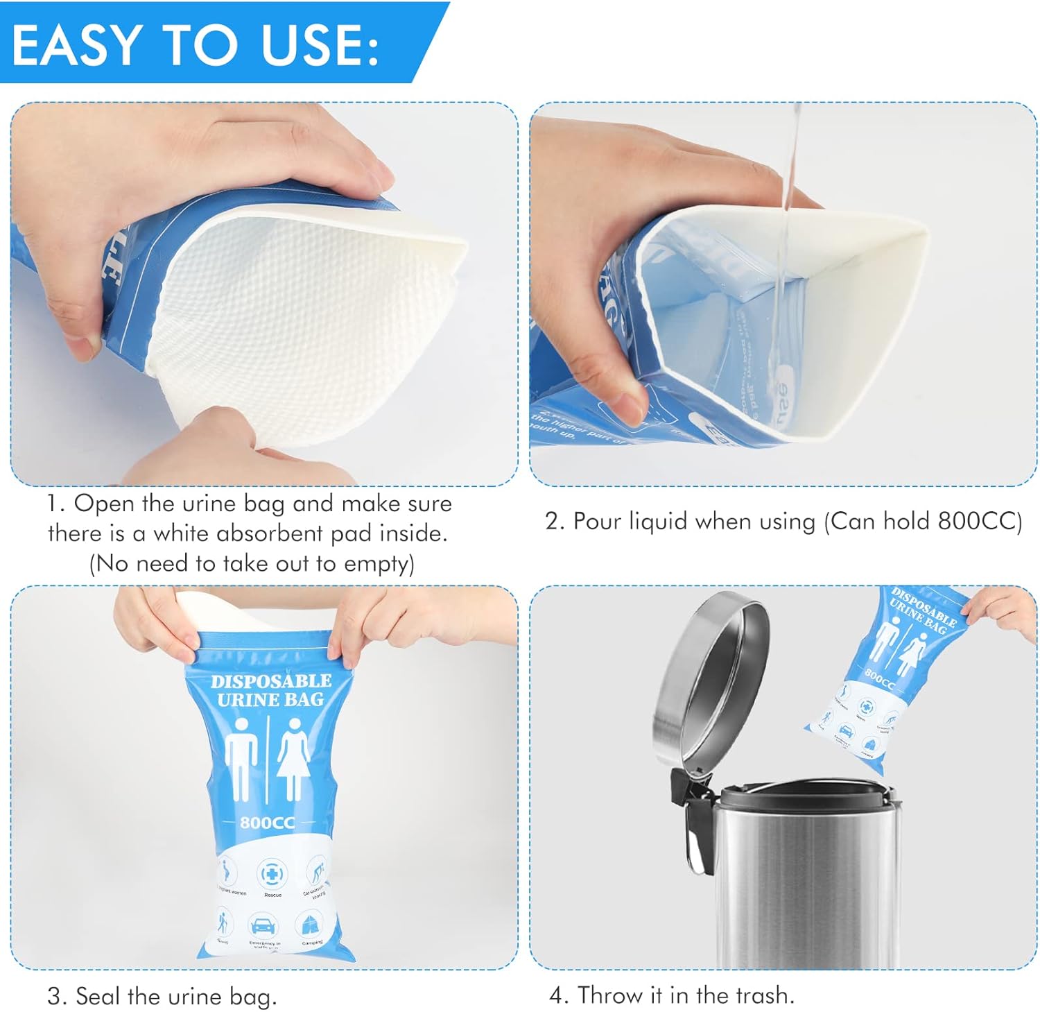 DIBBATU Urine Bag,12 PCS 800ML Disposable Urinal Bag for Travel, Emergency Portable Pee Bag and Vomit Bags, Unisex Urinal Bag as Toilet Bag Suitable for Camping, Traffic Jams, Pregnant, Patient, Kids - Image 6