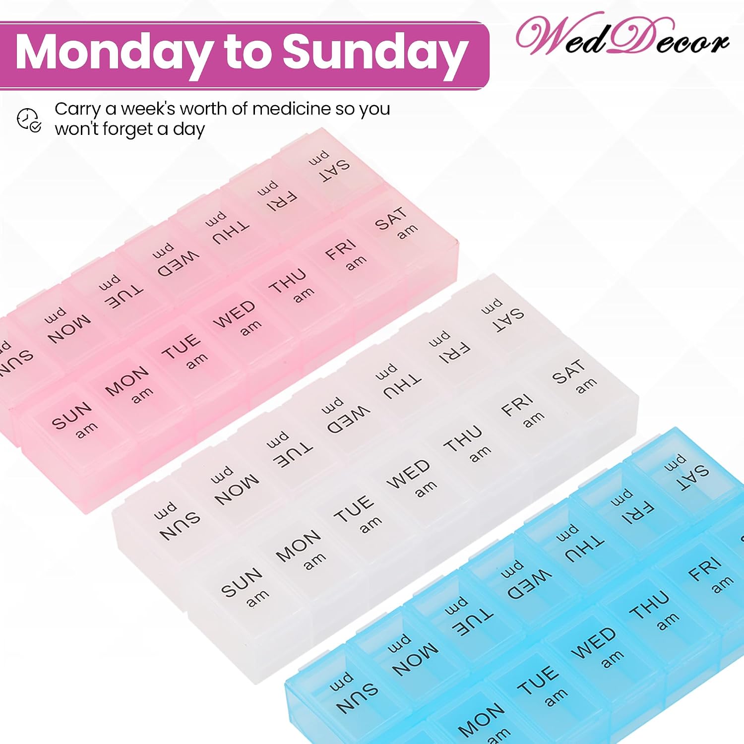 WedDecor 7 Day AM PM Travel Pill Box Organiser 14 Compartments, Pack of 3 - Image 6