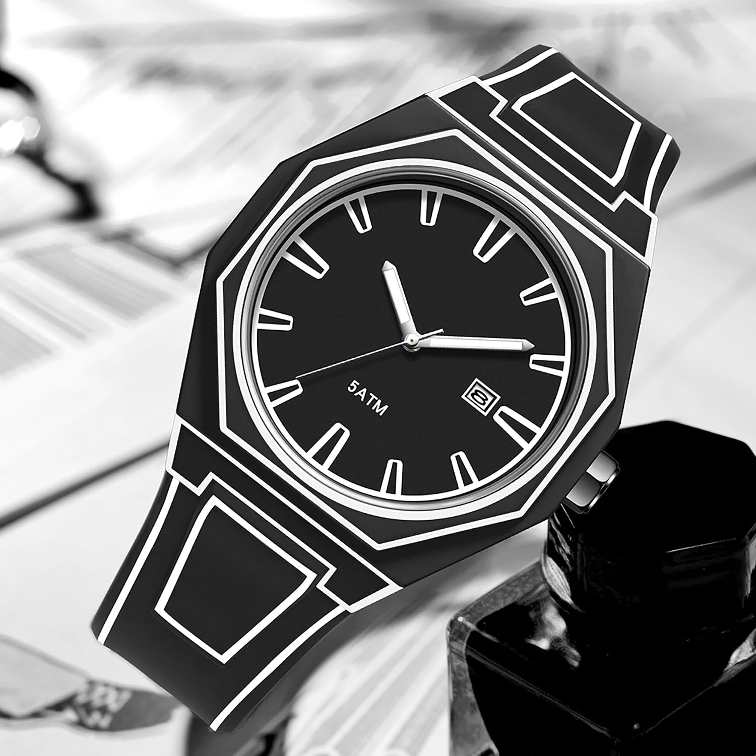 findtime Mens Watches Sketch Unique Minimalist Cartoon Fashion Stylish Wristwatch with Calendar Luminous Creative Geometric Line Art Anime Series Quartz Analogue Watch for Men Silicone Strap - Image 6