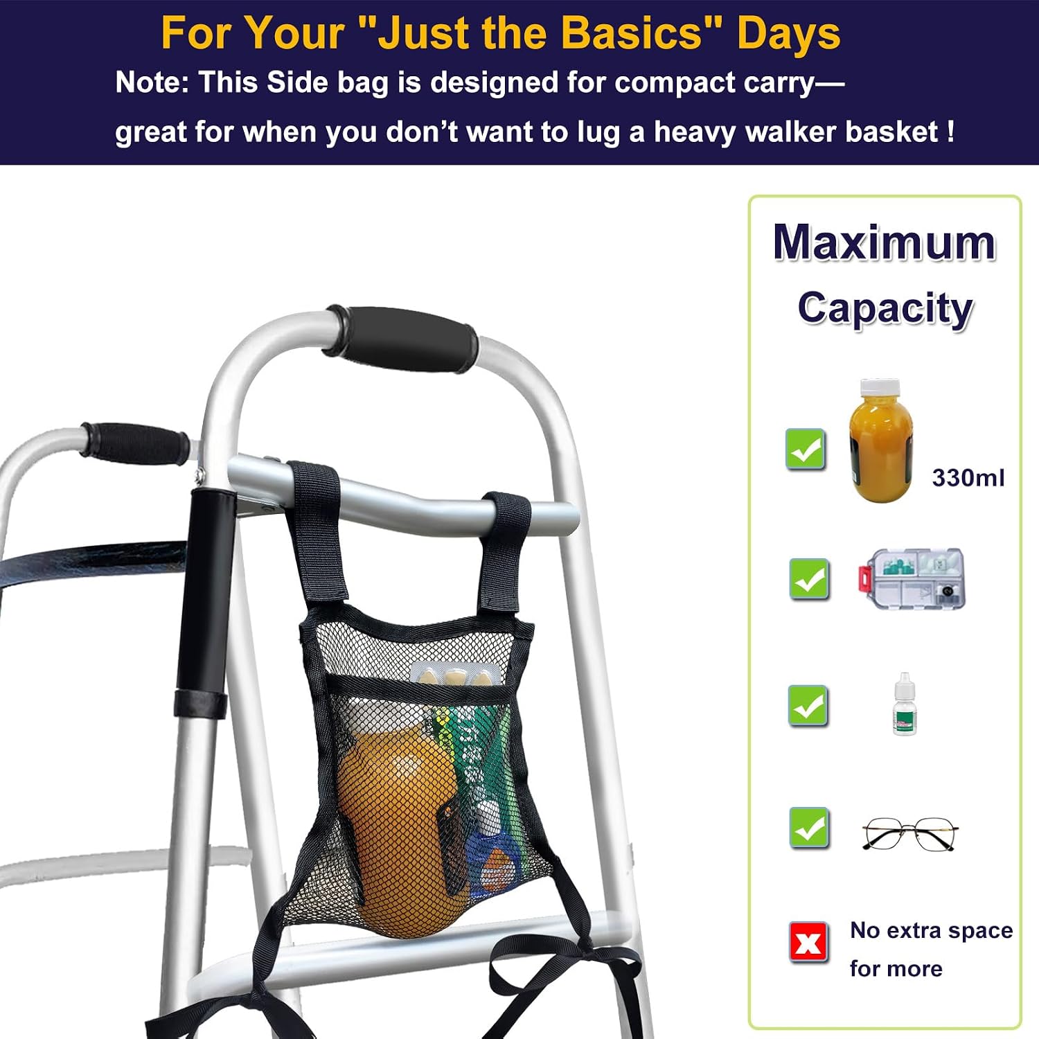 Aliseniors Walker Side Bag for Folding Walker, Mesh Organizer, Black - Image 4
