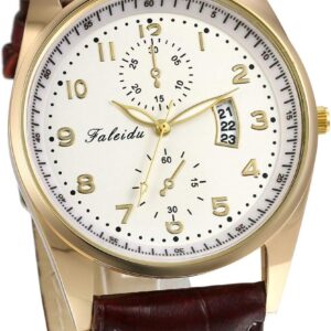 JewelryWe Mens Watches Two Eyes Analog Quartz Calendar Watch Leather Watchband Casual Brown Dress Watch