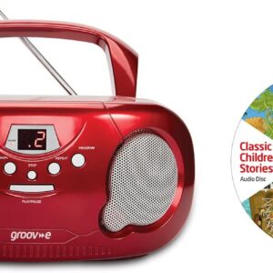 Groov-e Orginal Boombox & Kids Story CD Bundle – Portable CD Player with Radio, 3.5mm Aux Port, & Headphone Socket – CD Features 10 Classic Children’s Stories – Battery or Mains Powered – Red