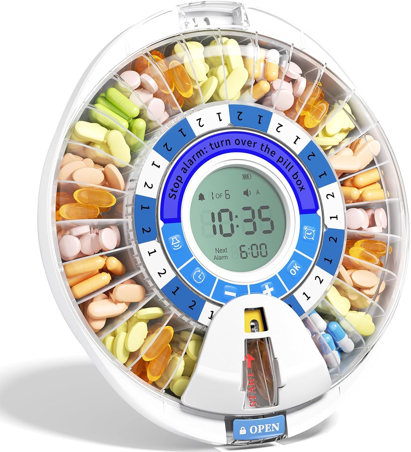 Betife 2nd Generation Automatic Pill Dispenser for Elderly with Alarm - 28 Compartments, Key Lock, Alarm and Luminous Reminder, Mix-Proof, X Display, 6 Pourer Rings