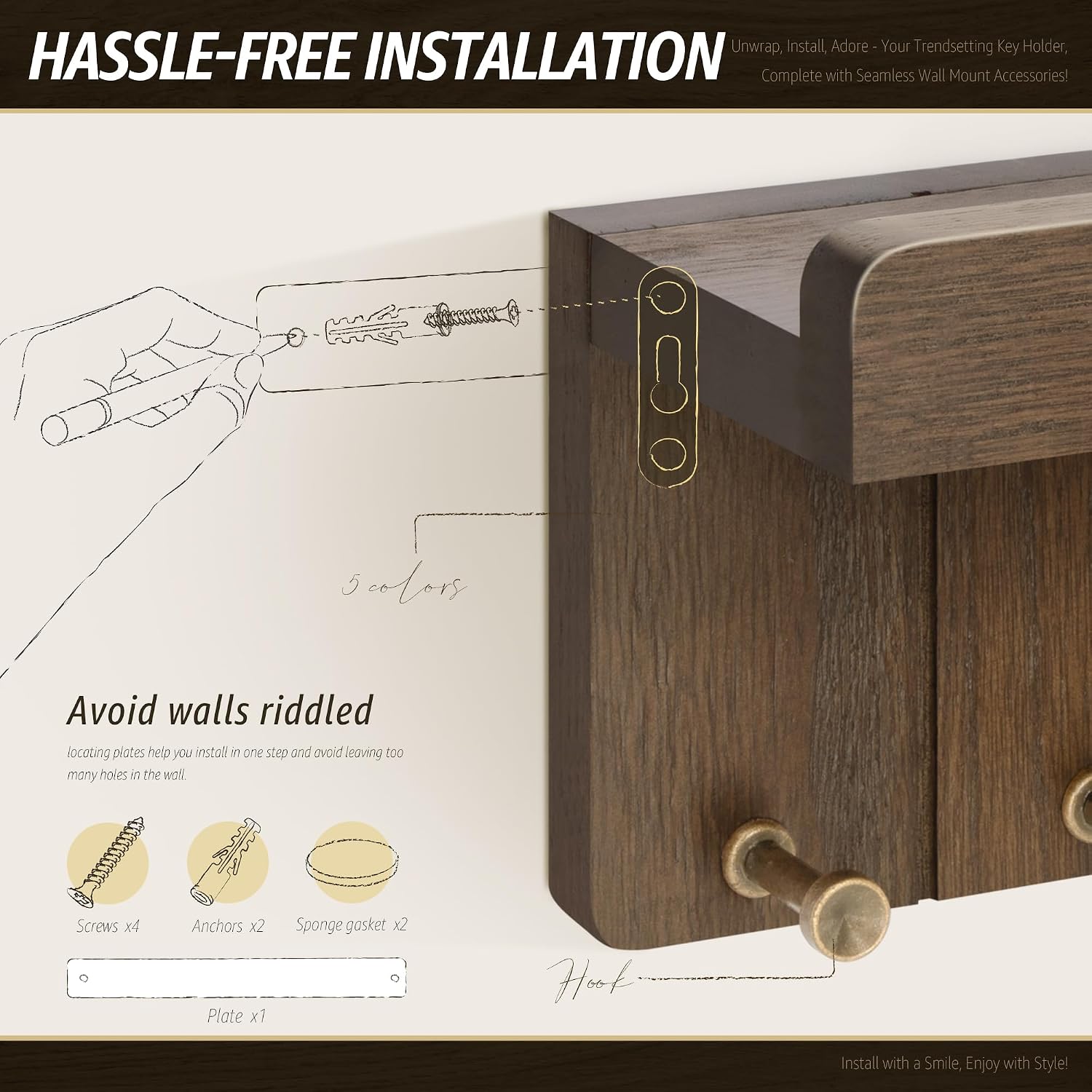 Rebee Vision Farmhouse Key Holder Wall Mount - Small Key and Mail Holder for Wall with 4 Hooks and Mini Floating Shelf - Ideal Apartment Essentials for Room Decor Aesthetic (Rustic Brown) - Image 6