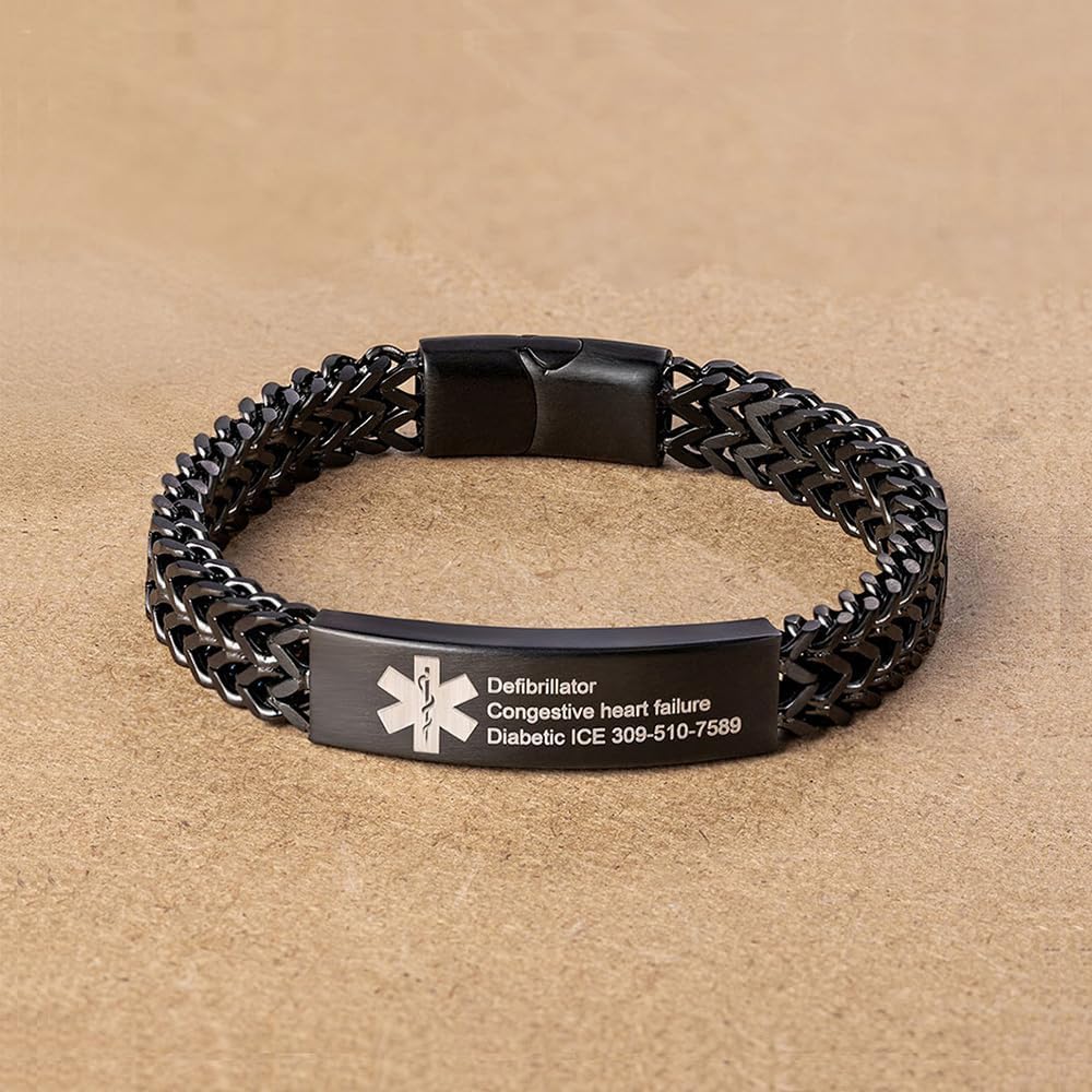 Personalised Engraved Emergency Medical Alert Bracelet for Men Women Custom Medical ID Bracelets with Laser Text Health Conditions for Autism Allergy Diabetic Epilepsy 18-22 CM Chain Black Silver Gold - Image 2