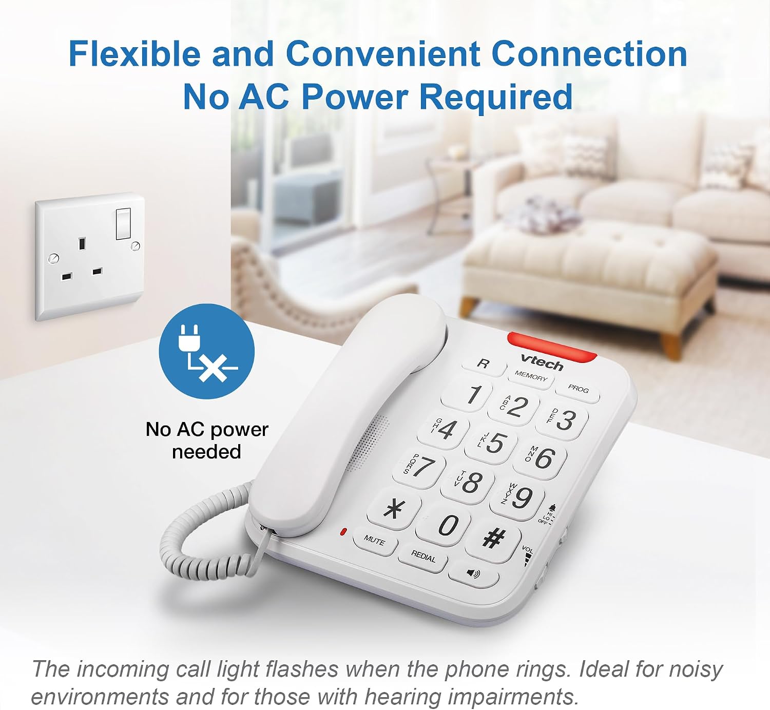 VTech CL1100 Corded Landline House Phone with Big Button, Visual Ring Indicator, Speed Dial, Handsfree Speakerphone, No AC Power Needed, Hearing Aid Compatible - Image 13
