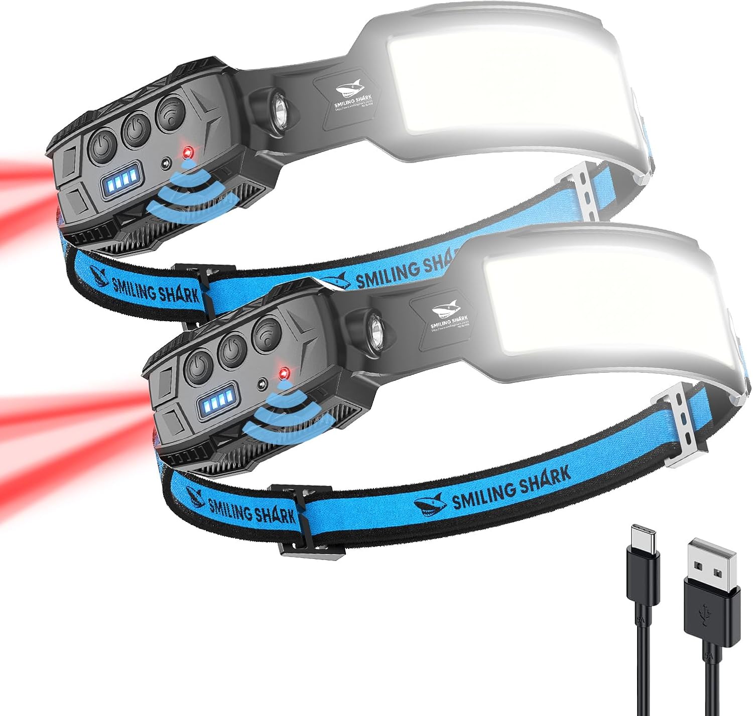 Smiling Shark Headlamp, 2 Pack Head Lamps LED Rechargeable 6 Modes 7*White Lights 270ยฐ Lighting Width Motion Sensor Red Tail Light for Camping Fishing Repairation, LED-HeadLamp-Rechargeable-Light