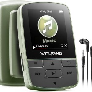 WOLFANG MP3 Player with Bluetooth 5.2, Sports Clip, Mini Size, 28g Lightweight, HiFi Lossless Sound, FM Radio, Voice Recorder, Wired Earphones Included (Military Green)