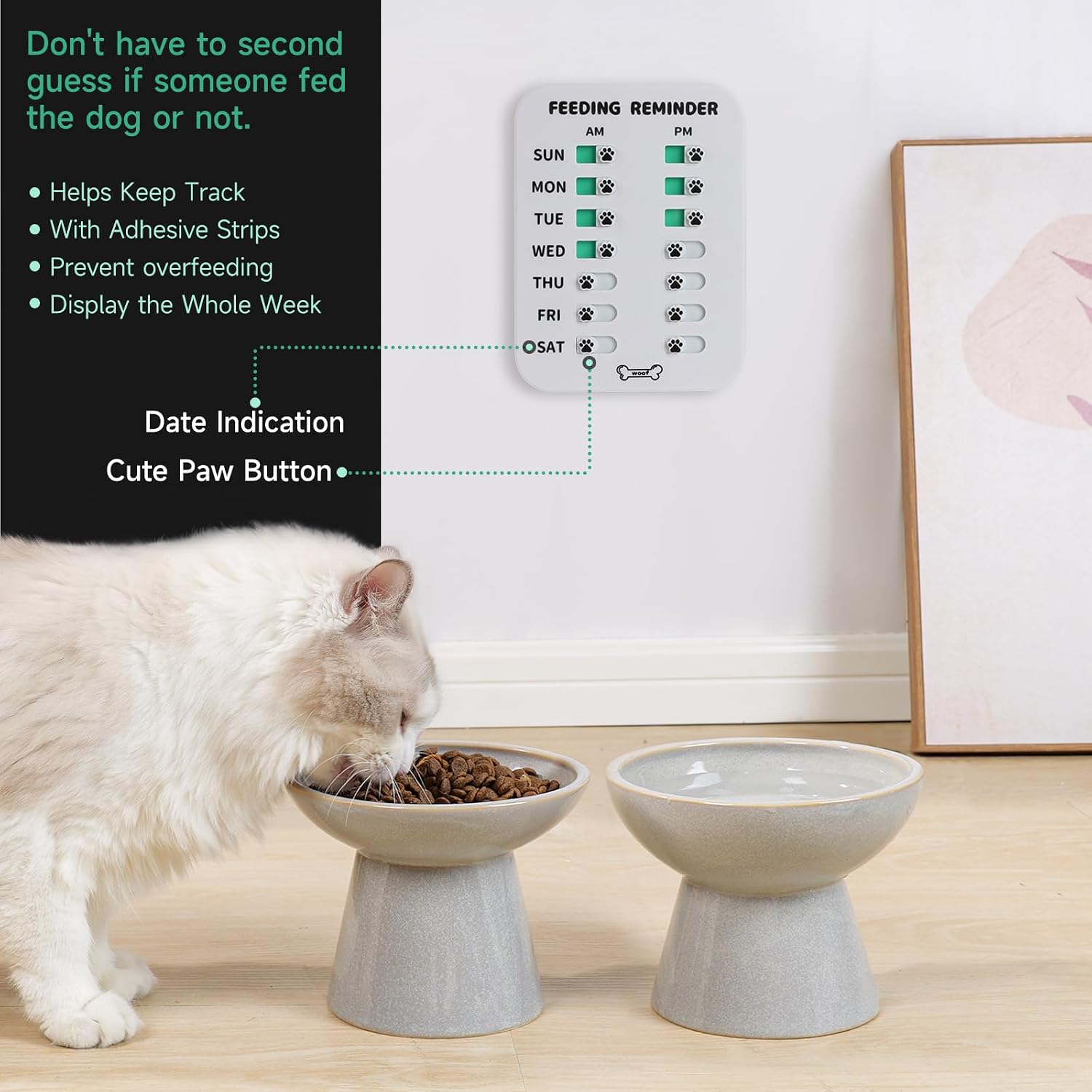 YAUYIK Dog Feeding Reminder, Magnetic Reminder Sticker, AM/PM Daily Indication Chart Feed Your Pets, Fridge Magnets and Double Sided Tape, Helps You to Track Pet Feeding & Medication (White) - Image 2