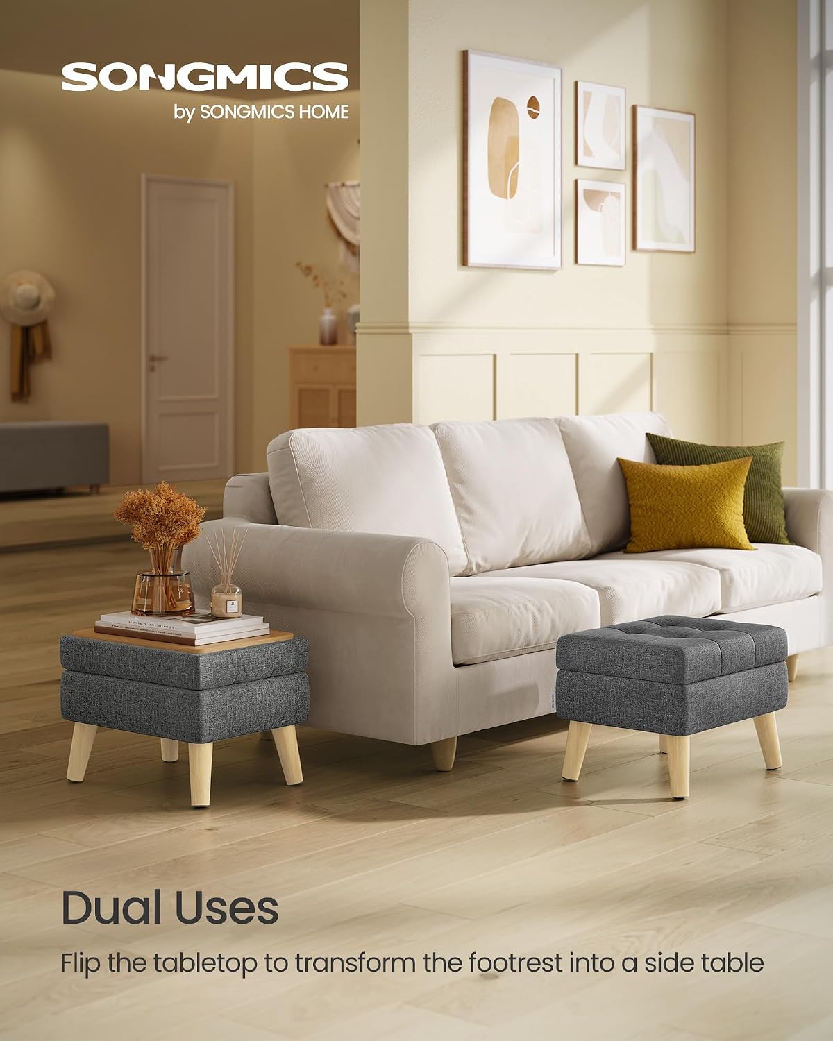 SONGMICS Storage Ottoman, Foot Stool, Ottoman with Padded Seat, Foot Rest with Wood Legs, Small Table, for Hallway, Living Room, 30 x 40 x 29 cm, Linen-Look Fabric, Slate Grey LOM517GN02 - Image 3