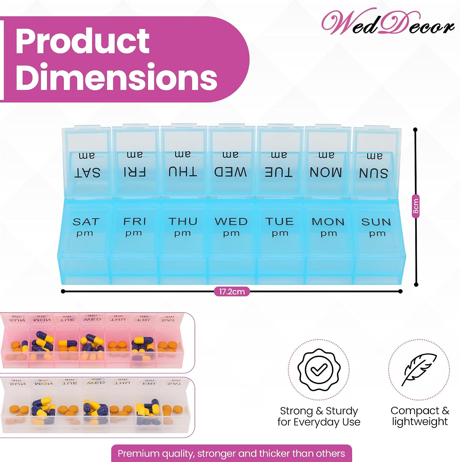 WedDecor 7 Day AM PM Travel Pill Box Organiser 14 Compartments, Pack of 3 - Image 2