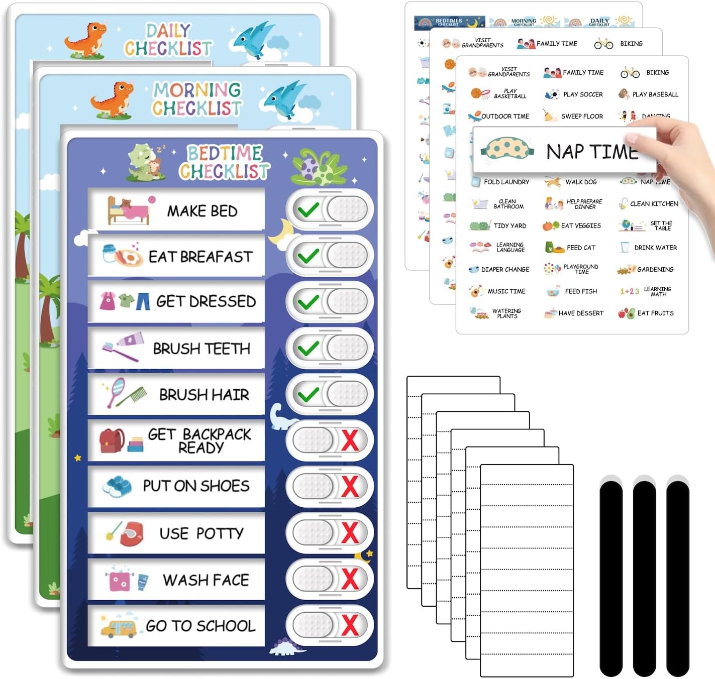 CustomMaster 3 in 1 Bedtime/Morning/Daily Chore Chart for Kids, Magnetic Routine Chart for Kids, Visual Schedule for Kids Toddlers, Funny Kids to Do List ADHD Tools for Kids